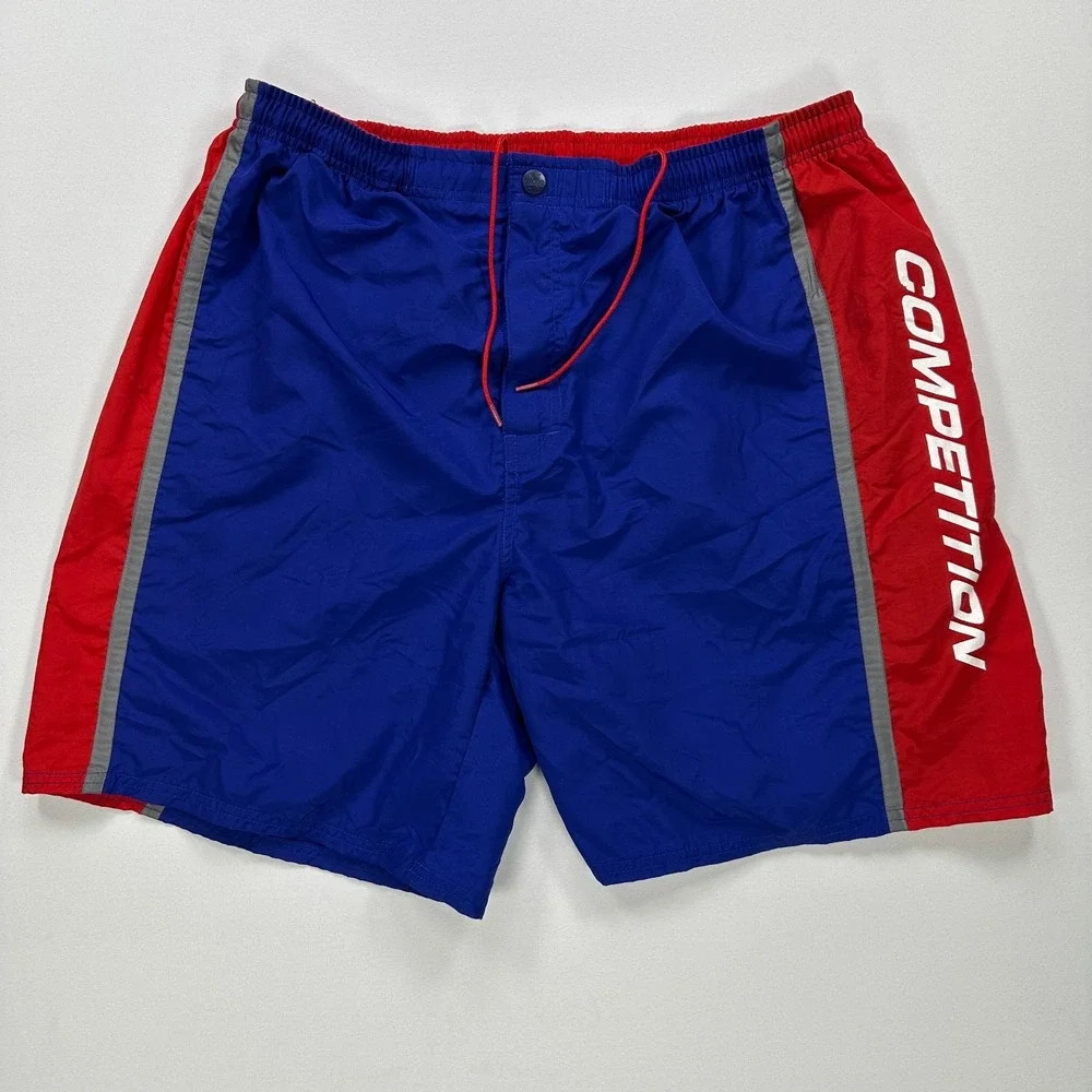 Vintage Nautica Competition Swim Trunks Mens Large Red Blue Spellout Nylon Short